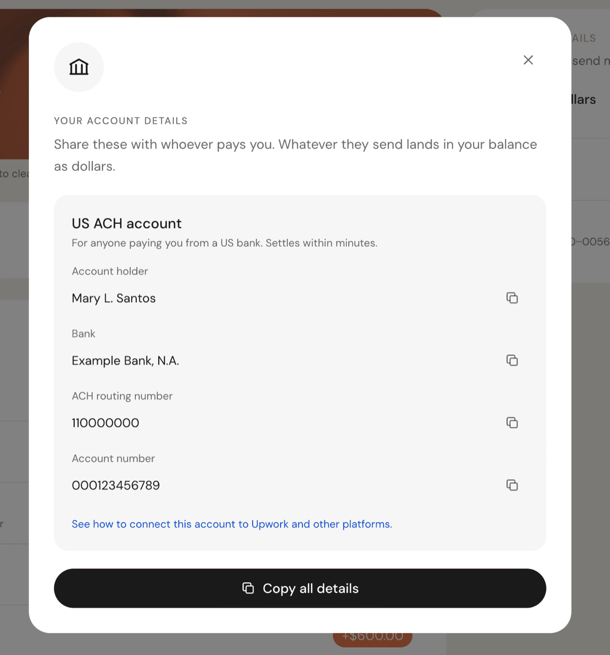 The 56 account details panel: account holder, bank, routing number and account number, each with a copy button.