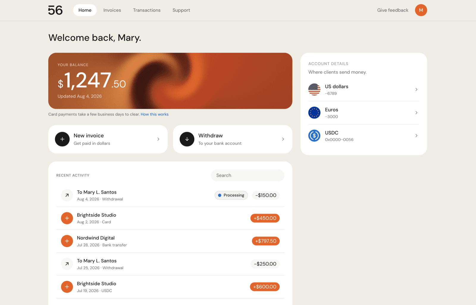 The 56 home screen: your dollar balance, and the account details panel showing where clients send money.