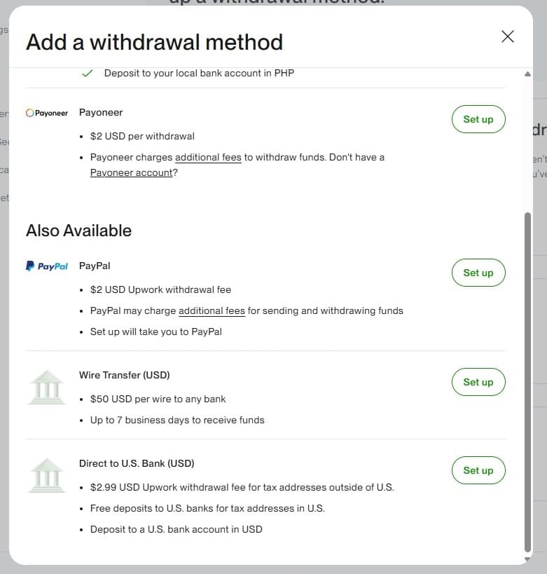 Upwork's Add a withdrawal method dialog, with Direct to U.S. Bank (USD) listed under Also Available.