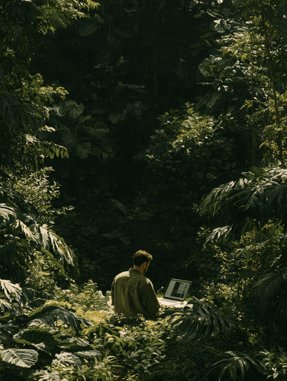 A man working from a laptop deep in a Philippine jungle.